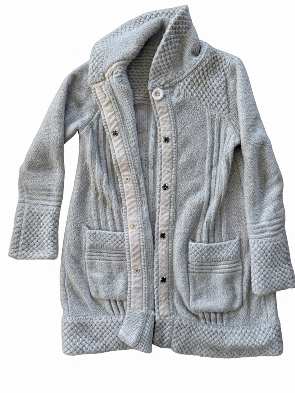 prAna Gray Textured Knit Cardigan Sweater Jacket Snap Front Pockets Medium